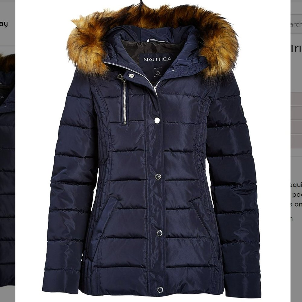 NWT Nautica Navy Seas Faux Fur-Trim Hooded Puffer Quilted Coat. XXL